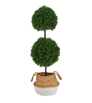 3.5' Artificial Boxwood Double Ball Topiary Tree in Boho Chic Handmade Cotton & Jute White Woven Planter UV Resistant (Indoor/Outdoor) - Low Maintenance, Life-Like & Vibrant Silk Trees For Busy People.