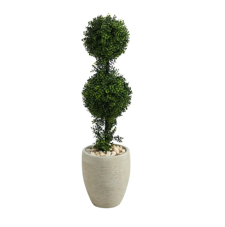 3.5' Artificial Boxwood Double Ball Topiary Tree in Sand Colored Planter (Indoor/Outdoor) - Low Maintenance, Life-Like & Vibrant Silk Trees For Busy People.