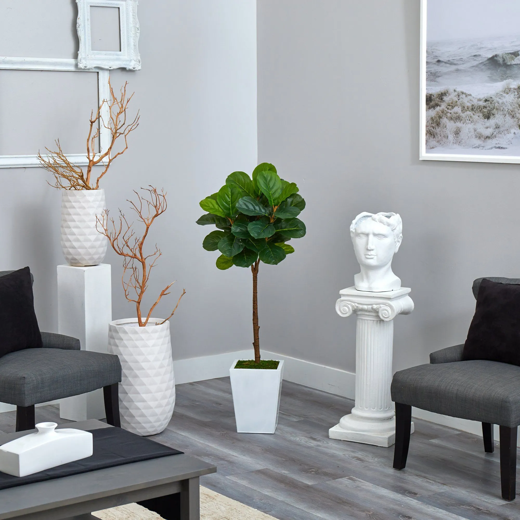 4’ Fiddle Leaf Tree in White Metal Planter (Real Touch)