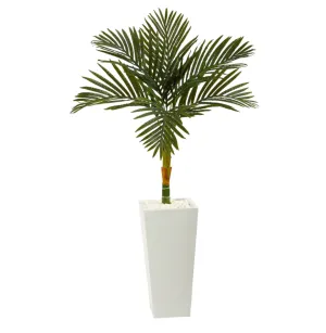 4.5' Artificial Golden Cane Palm Tree in Tall White Planter - Low Maintenance, Life-Like & Vibrant Silk Trees For Busy People.