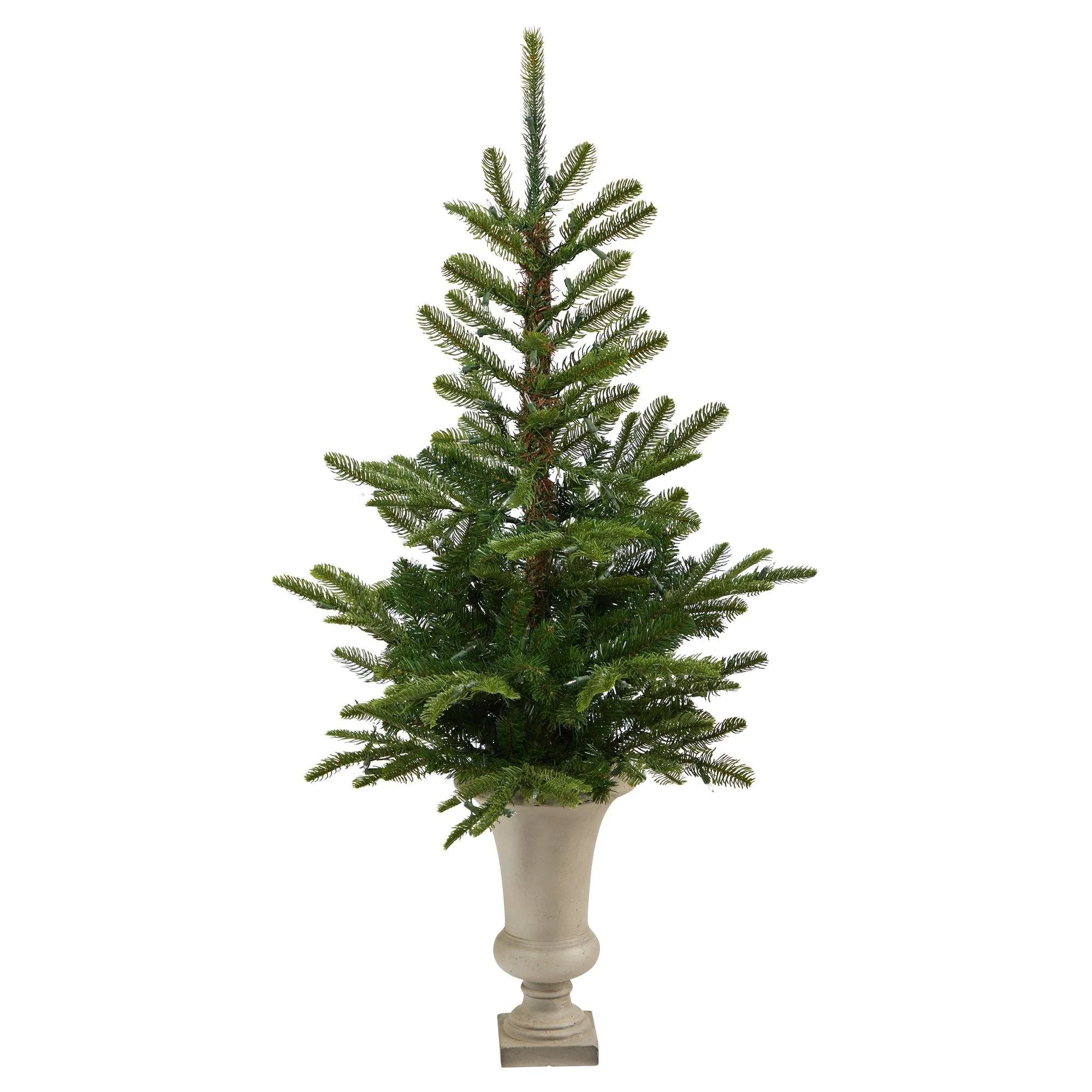 4.5’ Layered Washington Spruce Artificial Christmas Tree with 100 Clear LED Lights and 189 Bendable Branches in Sand Colored Urn