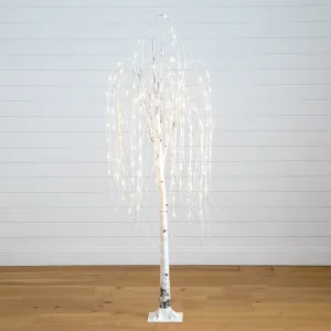 6’ Pre-Lit Artificial White Weeping Willow Tree with 160 Warm White LED Lights