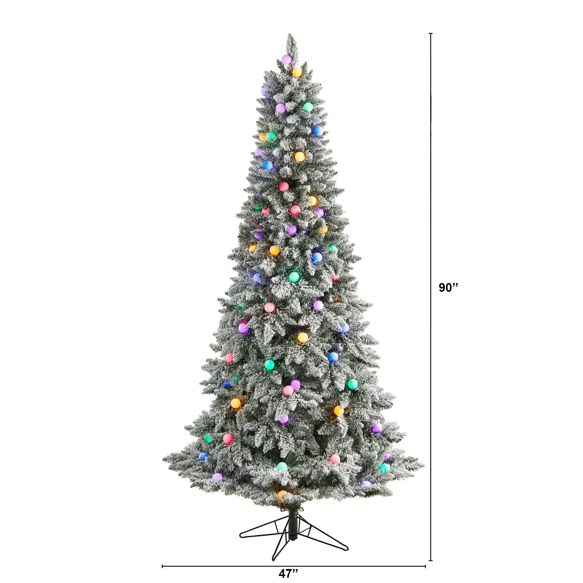 7.5' Flocked British Columbia Mountain Fir Artificial Christmas Tree with 95 Multi Color Globe Bulbs and 1113 Branches