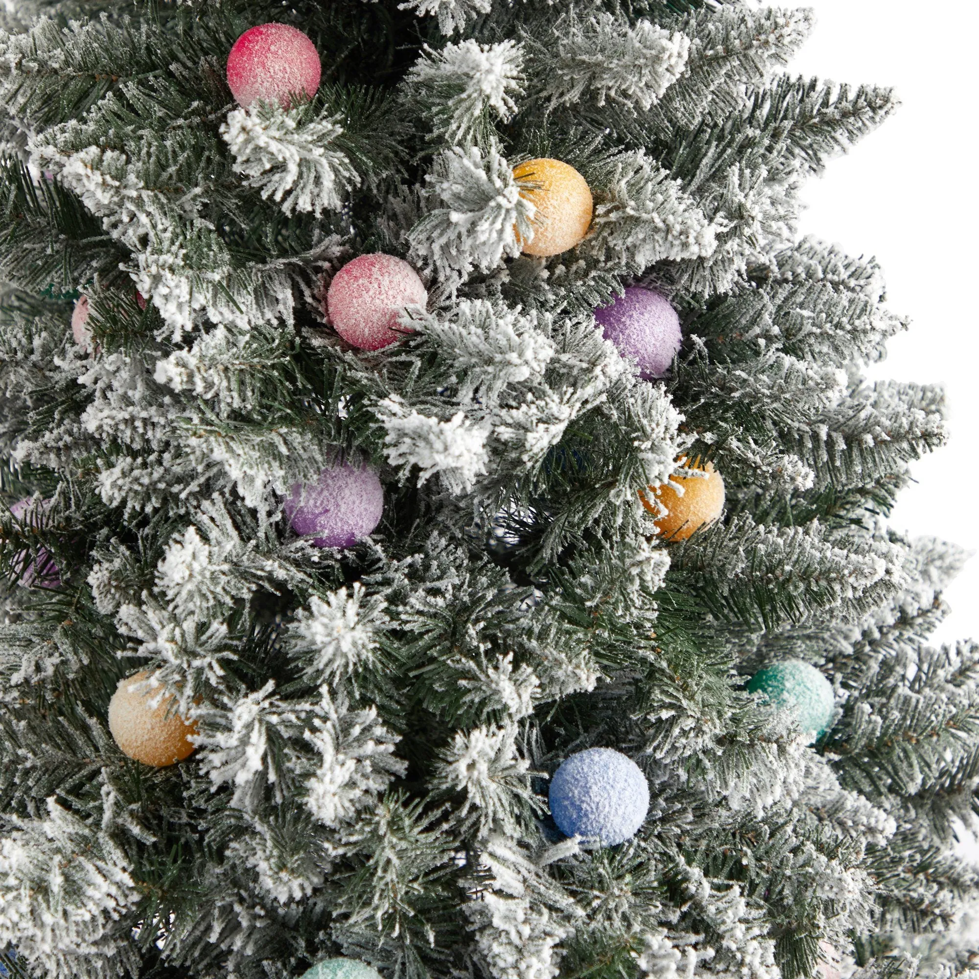 7.5' Flocked British Columbia Mountain Fir Artificial Christmas Tree with 95 Multi Color Globe Bulbs and 1113 Branches