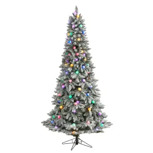 7.5' Flocked British Columbia Mountain Fir Artificial Christmas Tree with 95 Multi Color Globe Bulbs and 1113 Branches