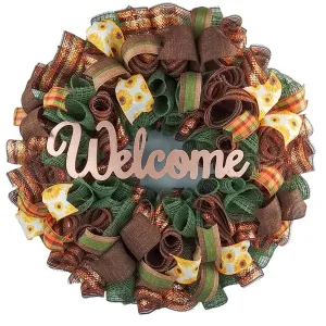 Autumn Burlap Wreath, Fall Door Hanger, Decorative Welcome Sign