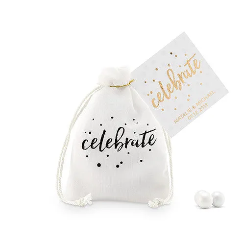 Celebrate Print Muslin Drawstring Favor Bags (Pack of 12)