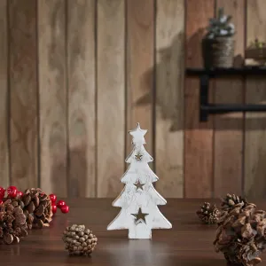 Christmas Tree w/ Stars White Wooden Figurine 6x3.25x1