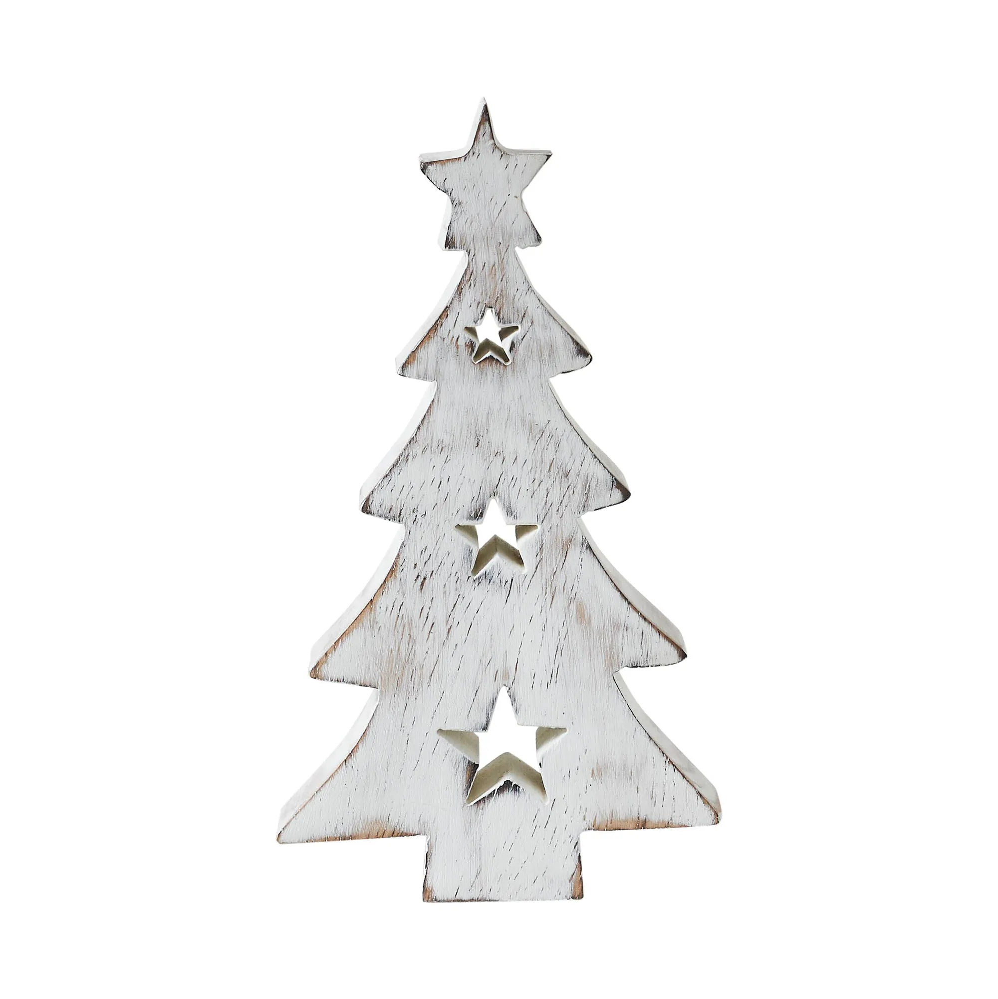 Christmas Tree w/ Stars White Wooden Figurine 6x3.25x1