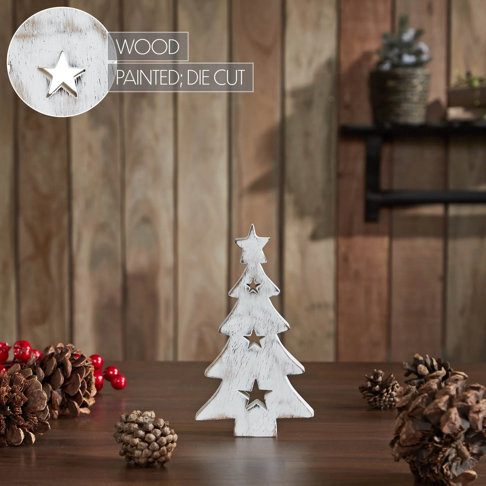 Christmas Tree w/ Stars White Wooden Figurine 6x3.25x1