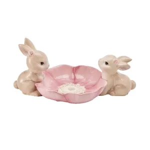 December Diamonds Spring Confections 12" Bunny Couple With Pink Bowl Figurine