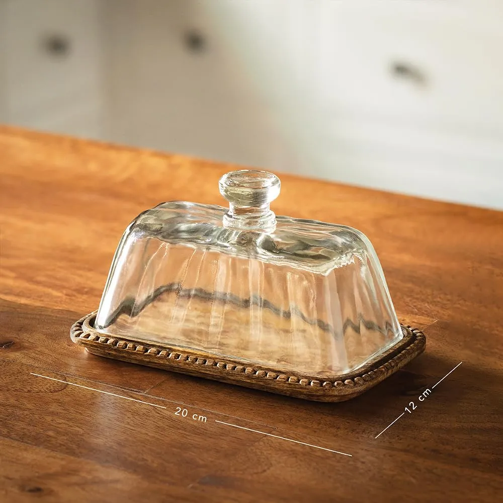 Ellementry Clear Glass Butter Dish with Wooden Base| Colour: Clear | Glass |Baking Dish |Wooden Base| Handcrafted | Versatile | Sustainable | Food Safe | Gifting |