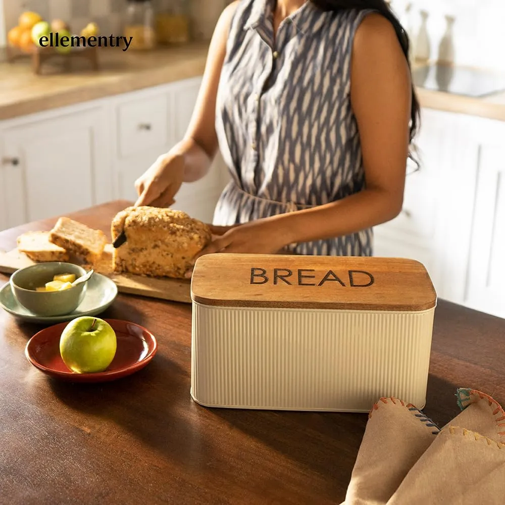 Ellementry Egg Shell Metal Bread Box With Wooden Lid| Colour: Egg Shell| Metal| Wooden Lid | kitchenware | storage | Handcrafted | Sustainable | Food Safe | Gifting |