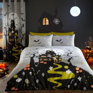 Halloween Haunted House Glow in the Dark Duvet Cover Set by Bedlam in Grey