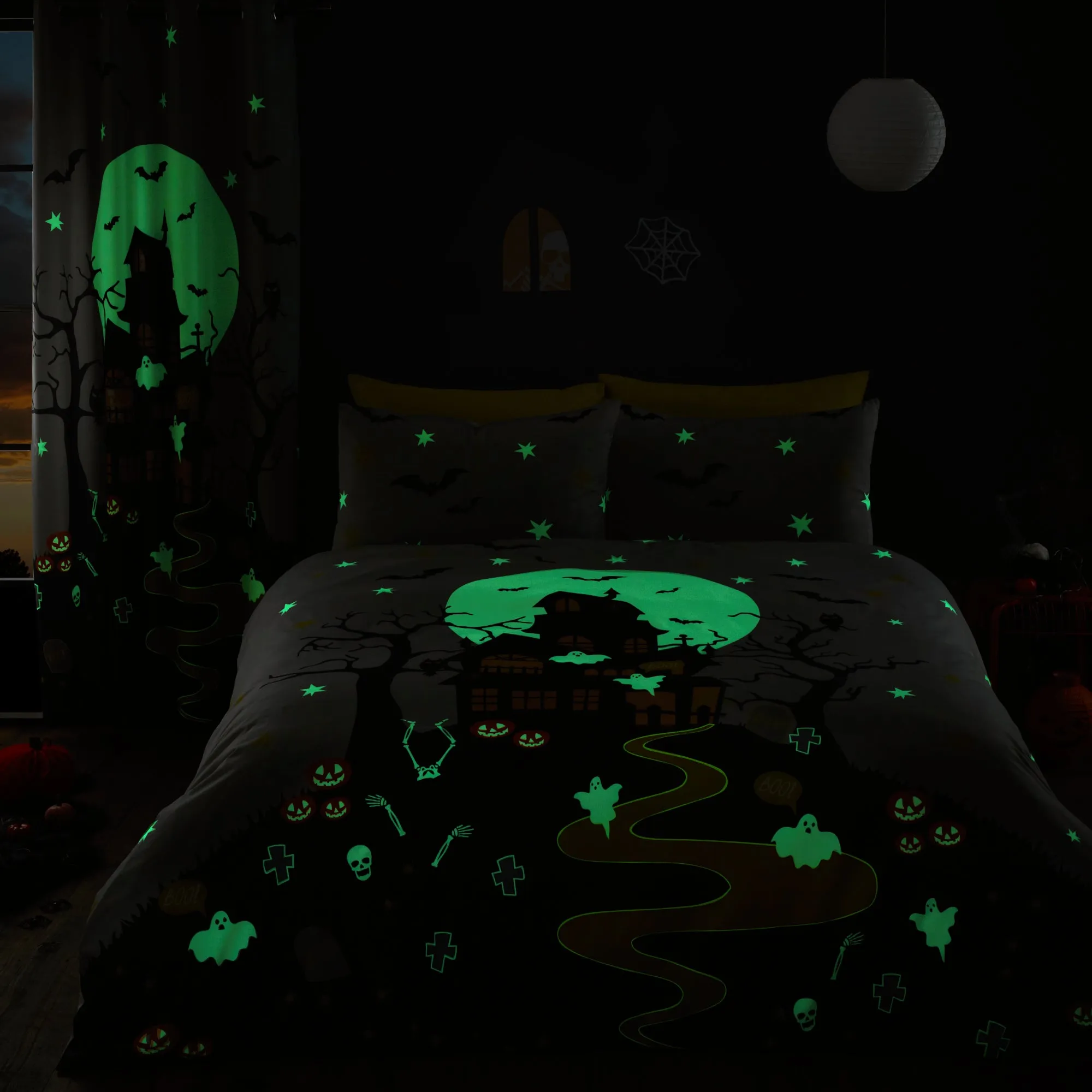 Halloween Haunted House Glow in the Dark Duvet Cover Set by Bedlam in Grey