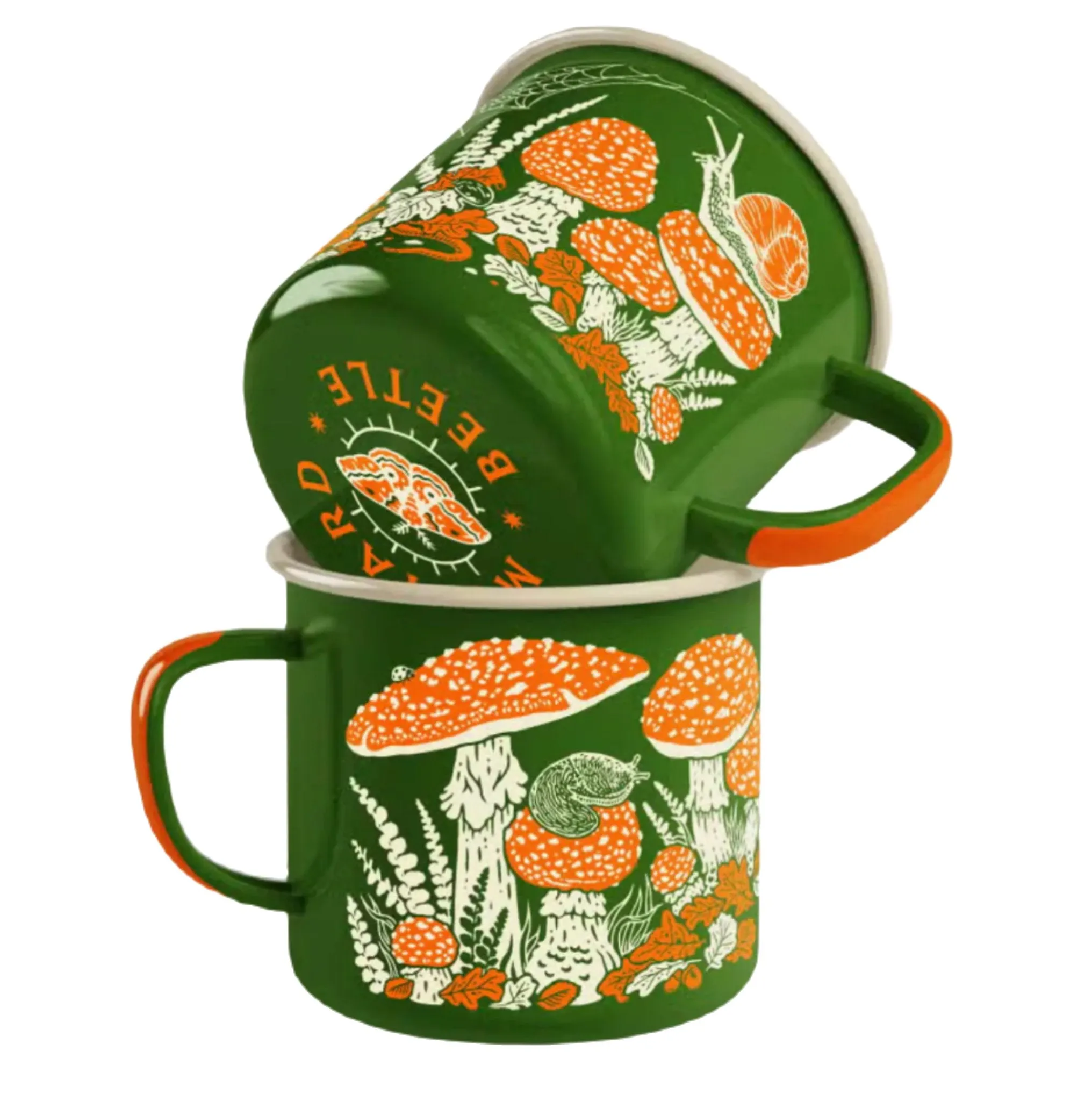 Mustard Beetle Toad & Mushrooms Enamel Camp Mug - Green