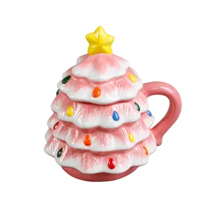 Pink Christmas Tree Ceramic Mug with Lid