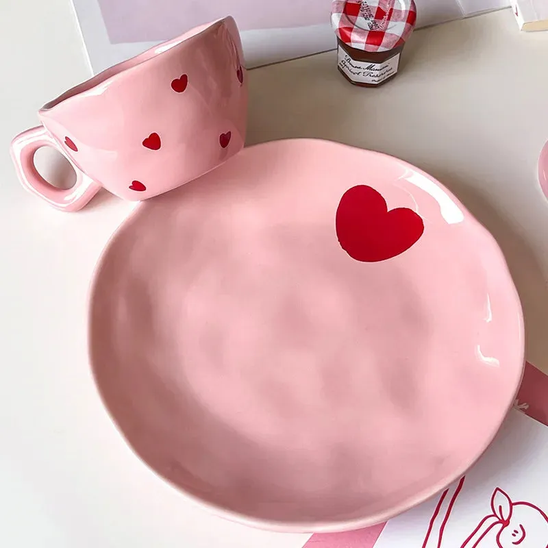 Romantic Pink Heart Ceramic Bowl and Plate