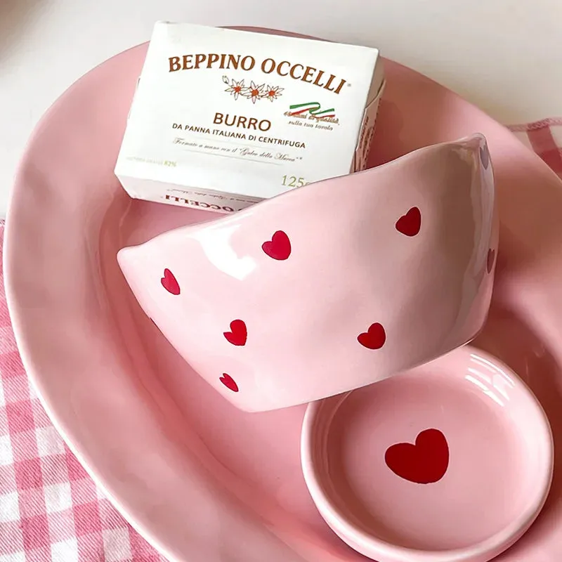 Romantic Pink Heart Ceramic Bowl and Plate