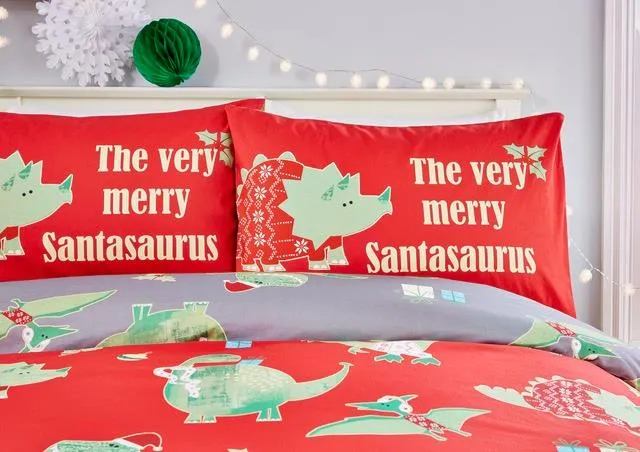 Santasaurus Duvet Cover Set by Bedlam Christmas in Red