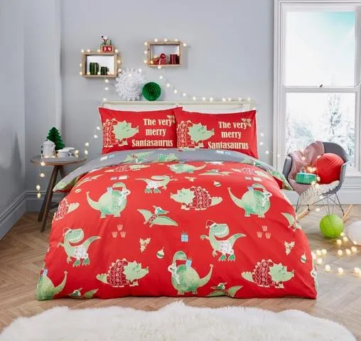 Santasaurus Duvet Cover Set by Bedlam Christmas in Red