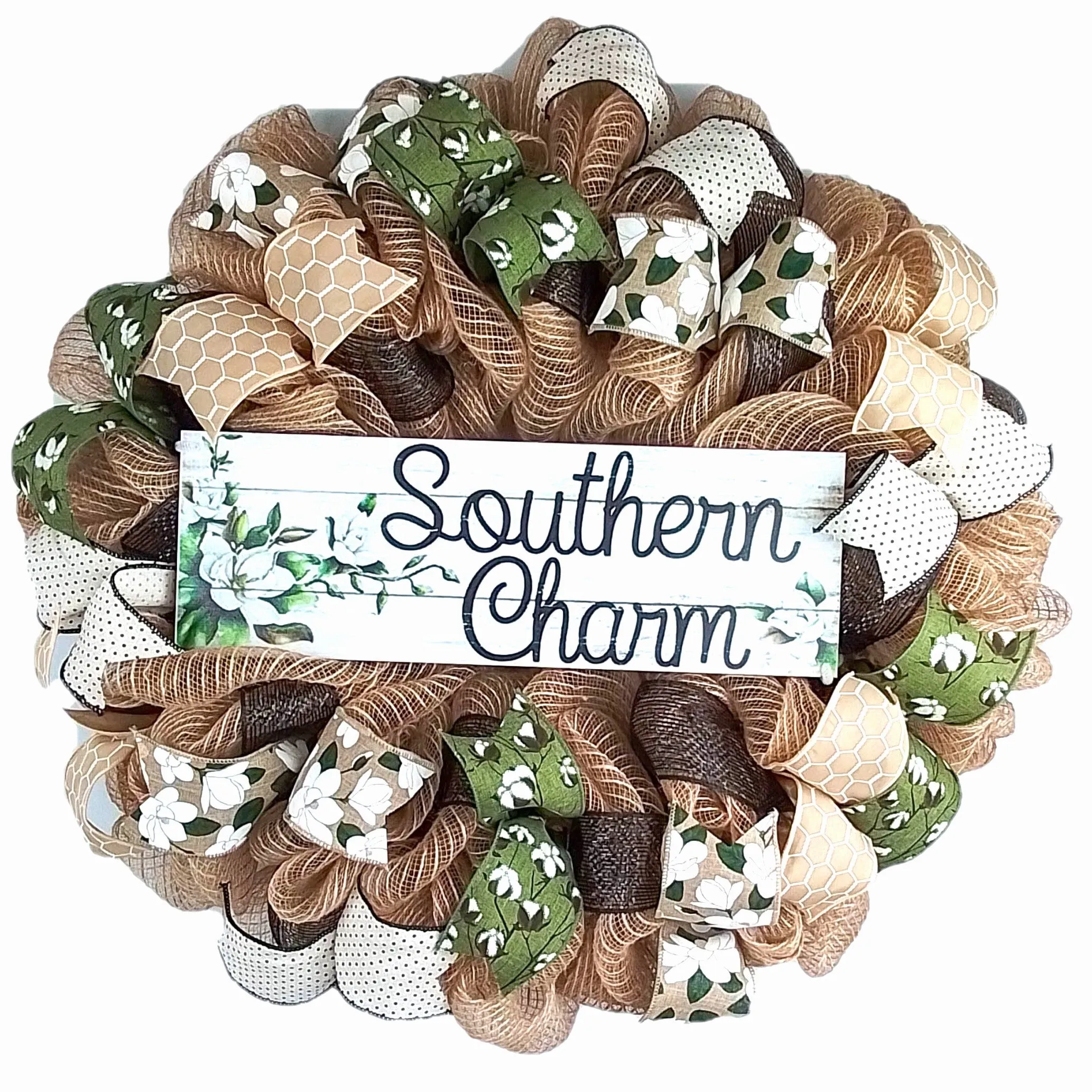 Southern Charm Magnolia Wreath - Black Green Spring Burlap Decor - Wedding Gift - Moss Burlap White