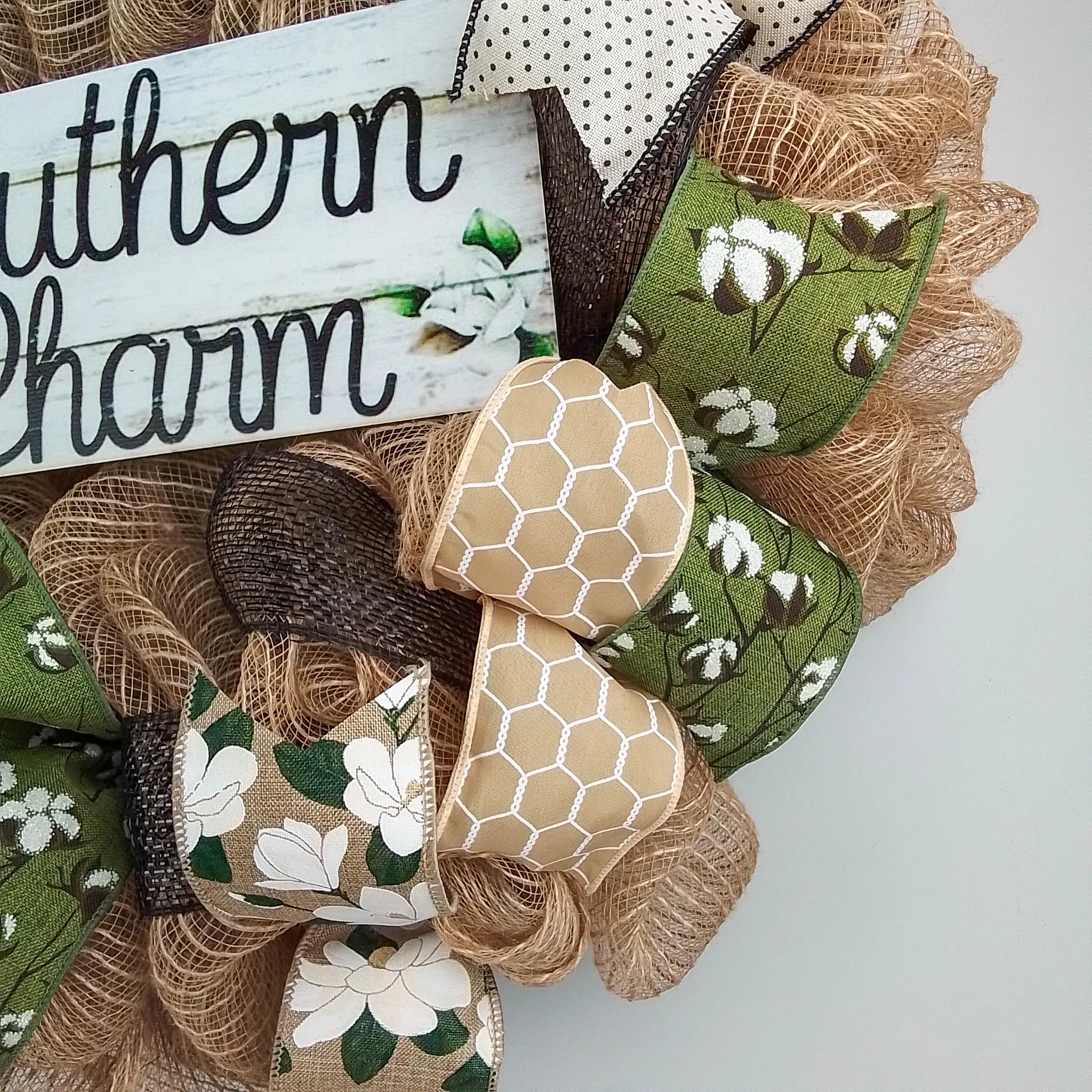 Southern Charm Magnolia Wreath - Black Green Spring Burlap Decor - Wedding Gift - Moss Burlap White