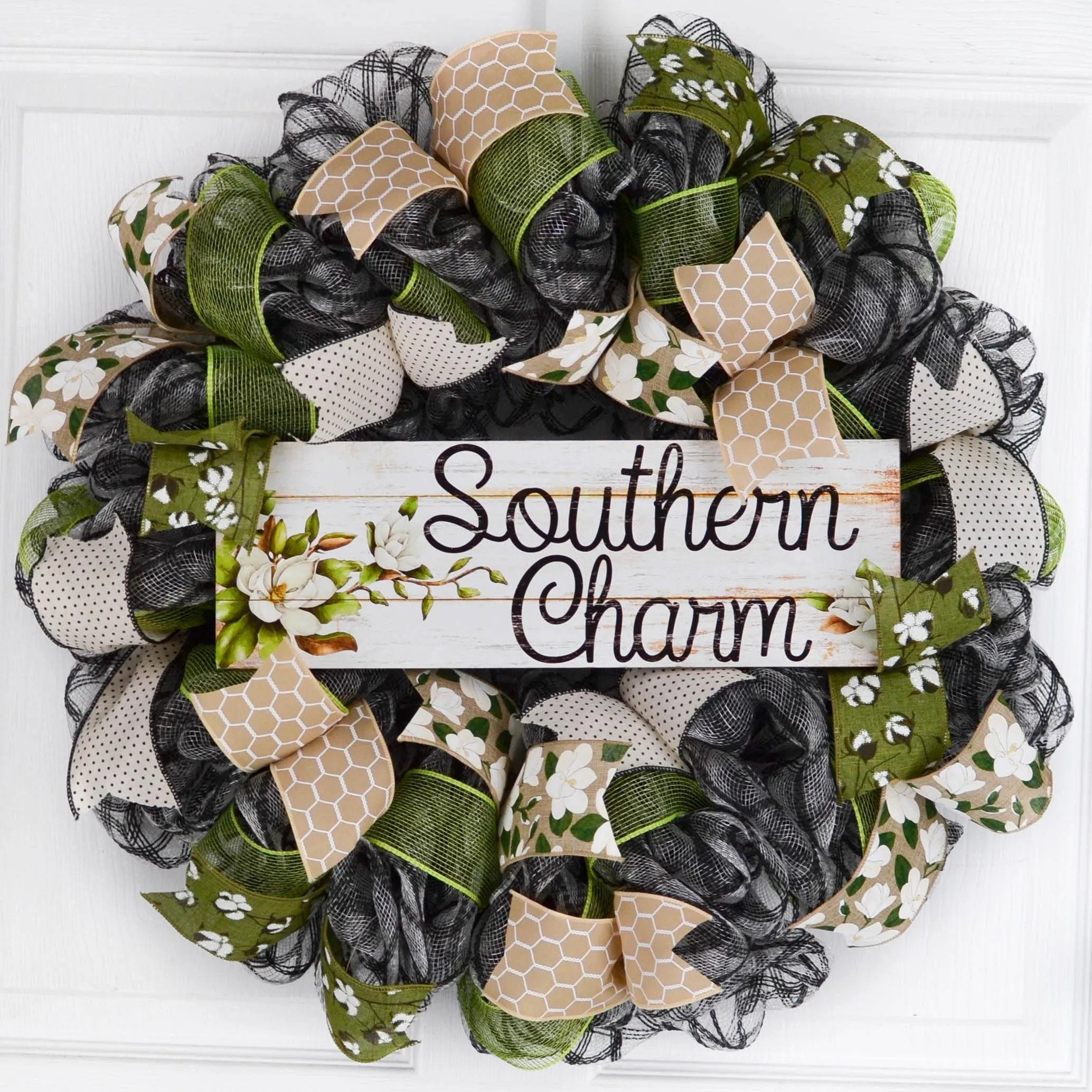 Southern Charm Magnolia Wreath - Black Green Spring Burlap Decor - Wedding Gift - Moss Burlap White