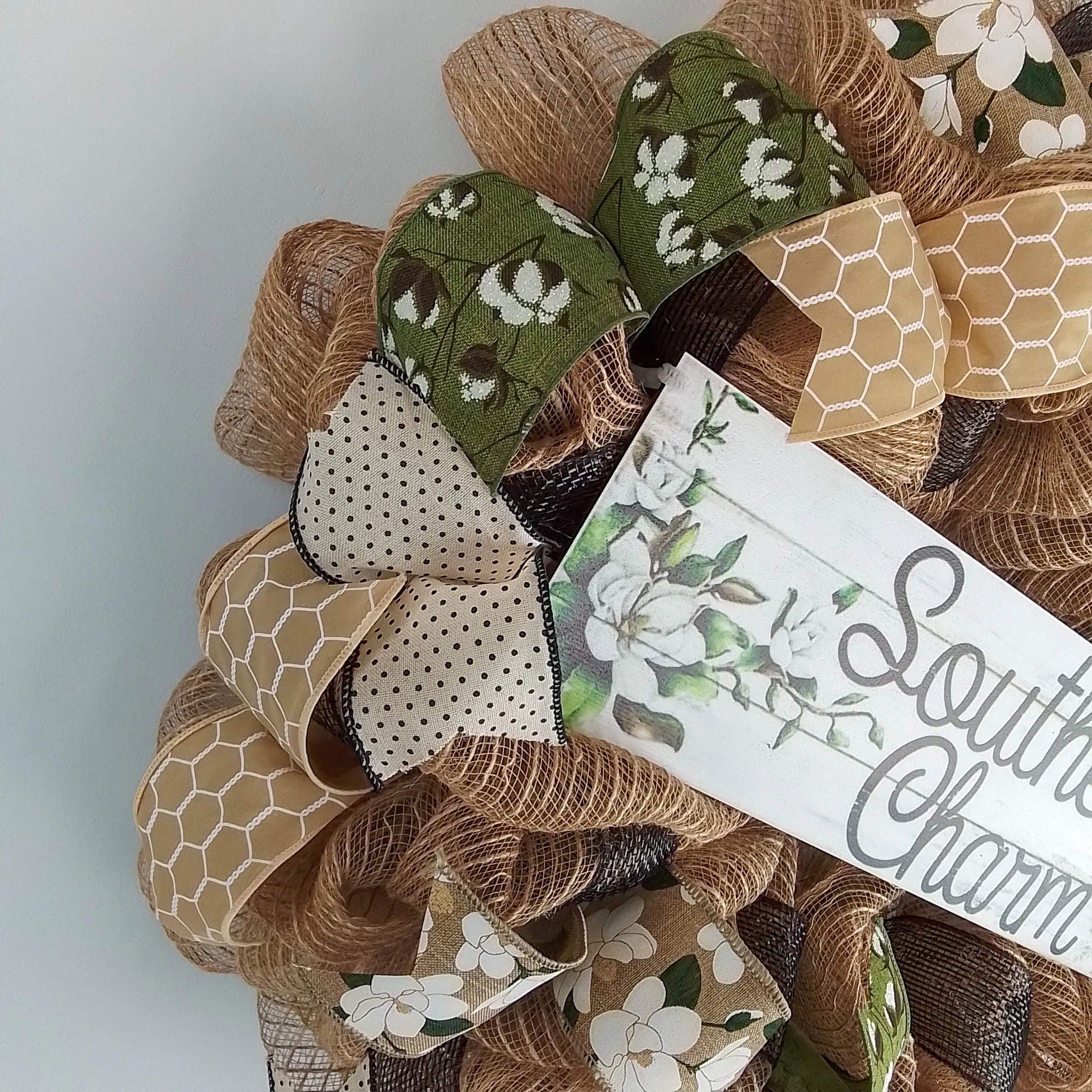 Southern Charm Magnolia Wreath - Black Green Spring Burlap Decor - Wedding Gift - Moss Burlap White