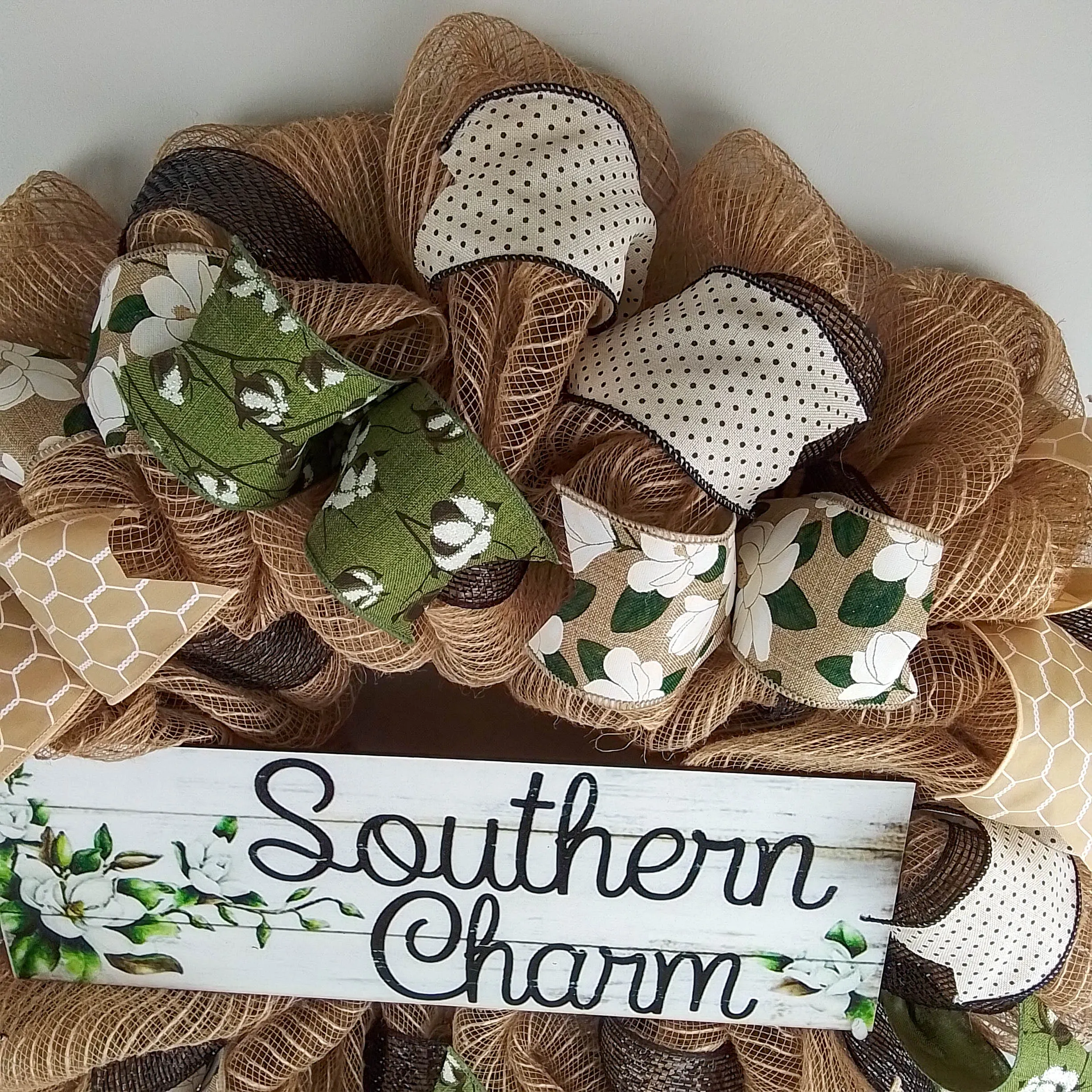 Southern Charm Magnolia Wreath - Black Green Spring Burlap Decor - Wedding Gift - Moss Burlap White