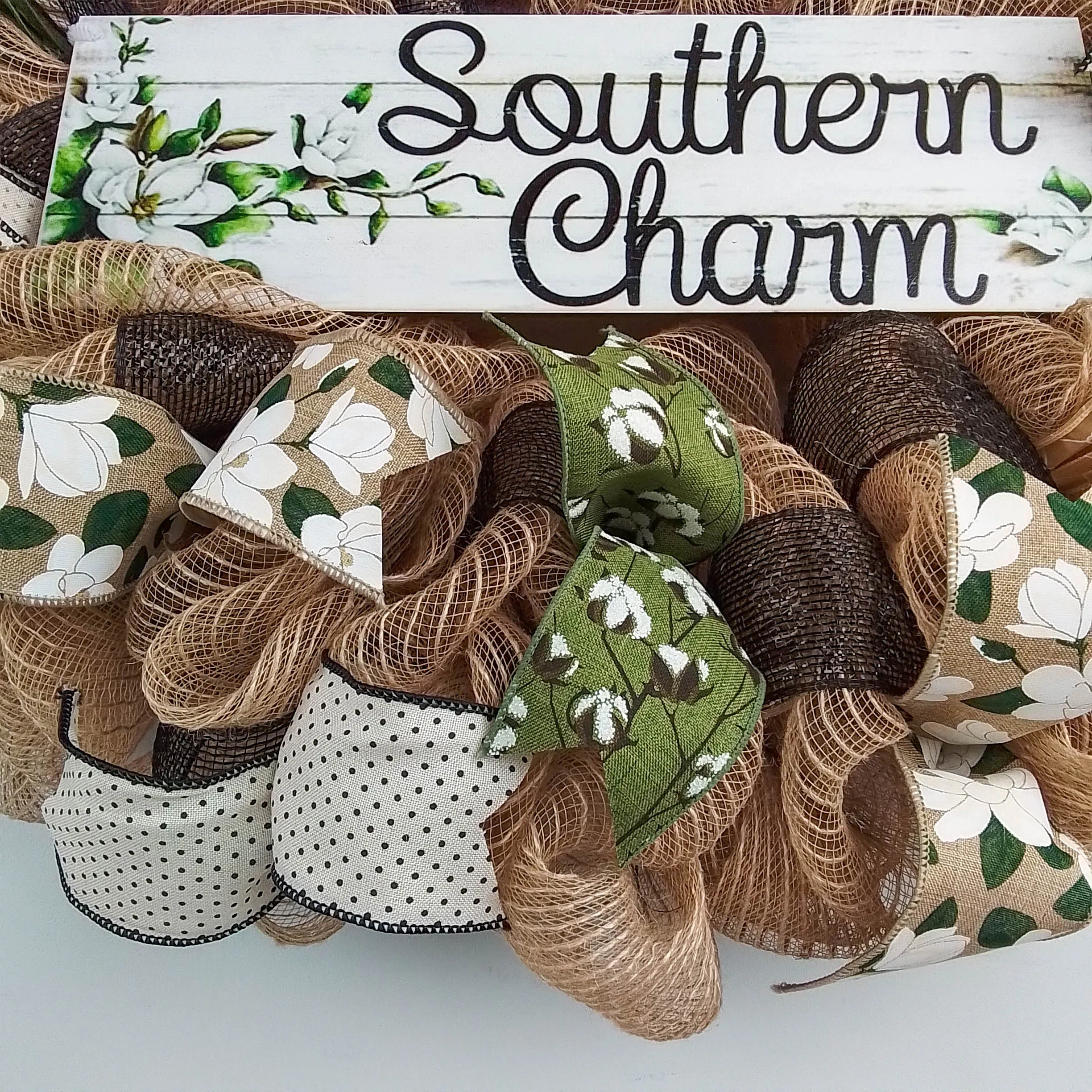 Southern Charm Magnolia Wreath - Black Green Spring Burlap Decor - Wedding Gift - Moss Burlap White