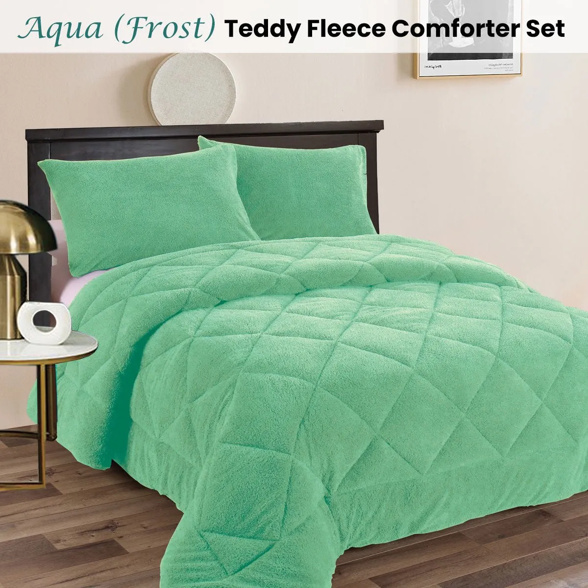 Teddy Fleece 3 Pcs Comforter Set Aqua (Frost) King